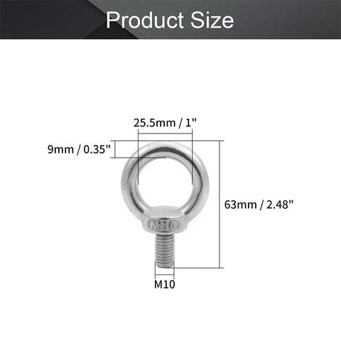 Beefy Heavy Duty Screw Bolt Lifting Eye Bolt Kit M10 Stainless Steel 304 Ring Eye Bolts For Hanging 4 Pack Weatherproof Rust Resistant Outdoor Rigging, 25.5mm ring