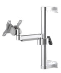 Mount Your Screen In Style With This Single Aluminum Monitor Arm Stand In Slick Silver To Level Up Your Home Office Setup With Rock Solid Stability And Clean Lines, showcasing a sleek silver aluminum monitor arm with adjustable mount.