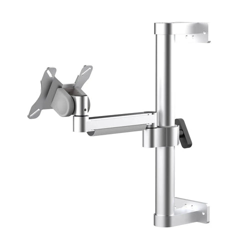 Mount Your Screen In Style With This Single Aluminum Monitor Arm Stand In Slick Silver To Level Up Your Home Office Setup With Rock Solid Stability And Clean Lines, showcasing a sleek silver aluminum monitor arm with adjustable mount.