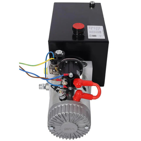 Yaton 12V 3HP Hydraulic Power Unit With 8 Quart Steel Tank For Dump Trailer Lift Gate Log Splitter Heavy Duty Electric Pump 2.1 Gpm Flow Black showing motor and tank.