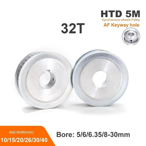 Premium HTD 5M Timing Pulley Featuring Crisp 32 Tooth Design Solid Alloy Construction And Locking Keyway Setup for smooth belt tracking.