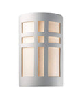 Ambiance Collection 1 Light Wall Sconce In Bisque Finish Unfinished Ceramic DIY Friendly Wall Light Compatible With E26 100W Bulbs Made In USA Paintable Surface For Custom Color And Vintage Style Decor with light illuminating through square cutouts.