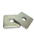 Heavy Duty 1/4 In Stainless Steel Square Washers For Unistrut Channel P1062 Heavy Gauge Fasteners hardware set close-up view.