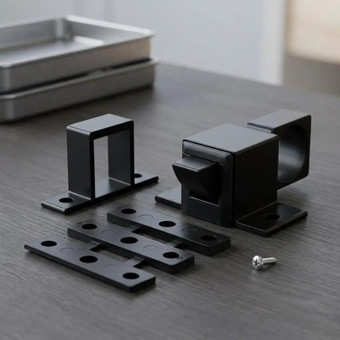 Heavy Duty Black Aluminum Spring Loaded Door Latch 2 Pack Secure Gate Cabinet Self Closing with mounting hardware on a table.