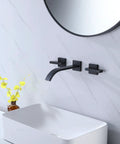 Matte Black Brushed Brass Wall Mount Bathroom Faucet With Two Handles Solid Brass Construction Wall Mounted Sink Faucet Rough In Valve Included Tough As Nails Built To Last cUPC Certified Modern Look For Any Bath installed above a white vessel sink.