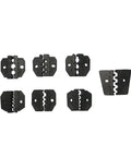 Seven quick change dies for the Heavy Duty Electrical Terminal Crimping Machine for pre-insulated and bare terminals.