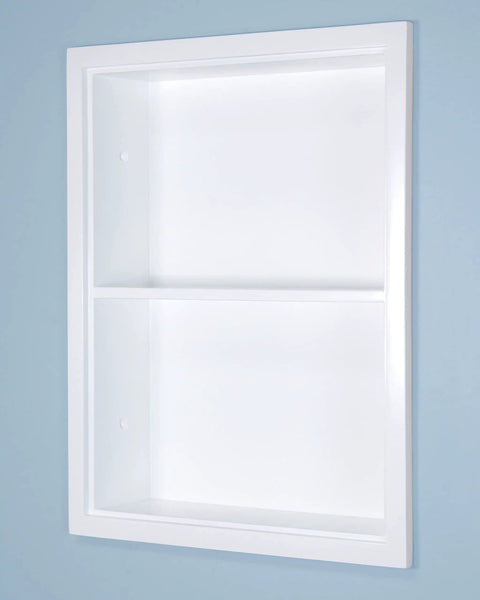 Get This Awesome Recessed Wall Niche Medicine Cabinet Replacement For Your Bathroom shown with white finish and two shelves