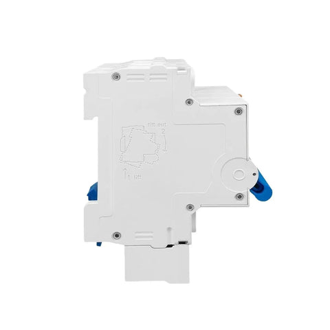 Main Switch Residual Circuit Breaker Loaded With Instant Overload Shutoff in white, side view showcasing design and features.