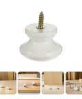 10 Pack Round Wood Cabinet Knobs Single Hole White Drawer Pulls close-up, solid white wood knob with golden screw for kitchen handles.