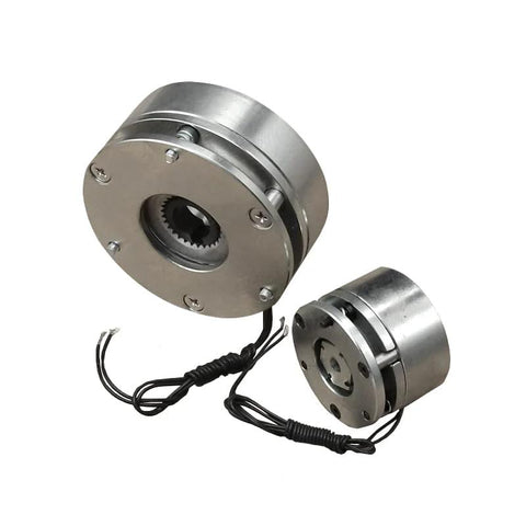 Electromagnetic holding brake assembly for 84mm axis motor, DC24V, silver metal with attached wires.