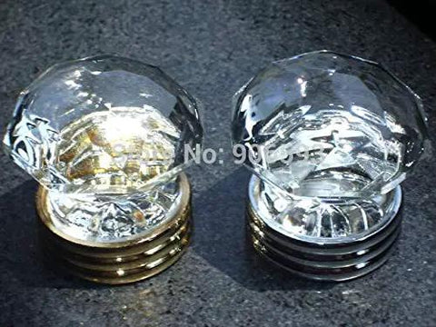 Sweet 20 Piece Lot Of 35 MM Crystal Cabinet Pulls And Cabinet Door Knobs Featuring Slick Chrome Brass Base For Top Shelf European Style Kitchen And Bathroom Furniture Handles And Drawers with gold and clear finishes.