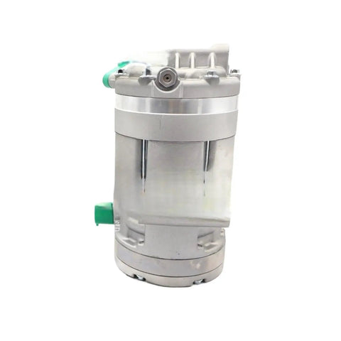 Heavy Duty Electric AC Compressor Crafted For Smooth Cabin Climate Comfort Compatible With Hyundai Kona And Kia Niro Ev Replaces 97701 K4000 Hes33 side view with green fittings.