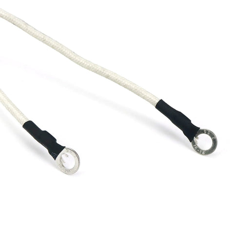 Two white braided braking-resistor lead wires with silver ring solder lug terminals