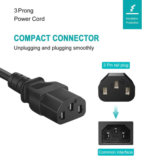 3 Prong Power Cord For 3 Feet AC SVT 18AWG C13 To NEMA 5-15P UL Listed Replacement Cord close-up of plug and inlet view