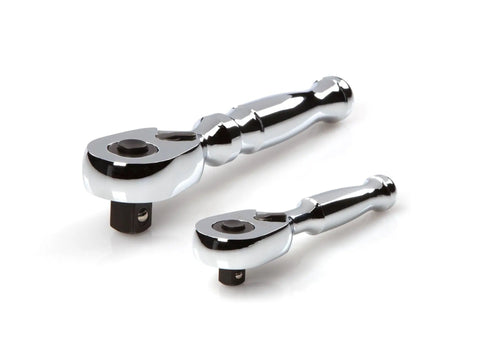 Stubby Quick-Release Ratchet Set With 1/4 Inch And 3/8 Inch Drives, 2-Piece, 3-Inch And 4.5-Inch Lengths, shown in chrome finish