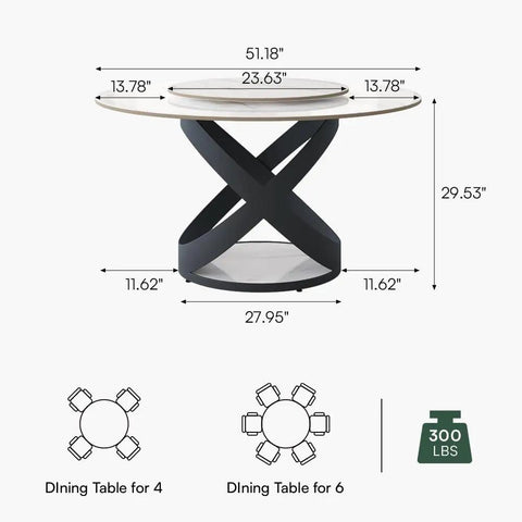 Modern 51 Inch Round Dining Table Slick Glossy White Sintered Stone Top Built Tough Black X Carbon Steel Base Lazy Susan dimensions