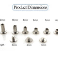 Heavy Duty Silver Chicago Screw Rivet Kit With 90 Pieces Assorted M4 And M5 Sizes for Leather Crafting DIY Projects showcasing size dimensions.