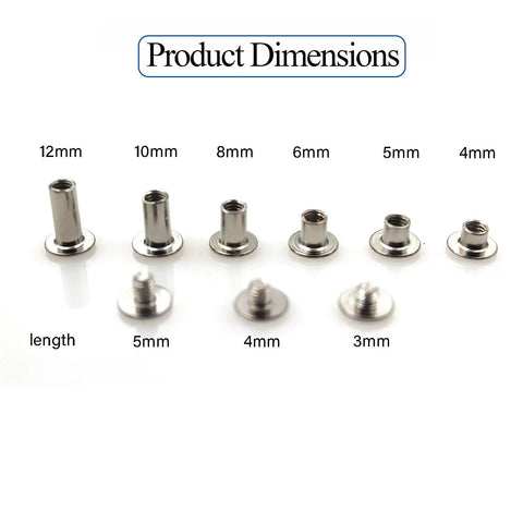 Heavy Duty Silver Chicago Screw Rivet Kit With 90 Pieces Assorted M4 And M5 Sizes for Leather Crafting DIY Projects showcasing size dimensions.