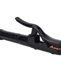 Black heavy-duty industrial clamp with ridged grip, isolated on white background, side view.
