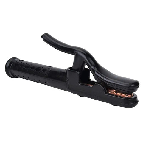 Black heavy-duty industrial clamp with ridged grip, isolated on white background, side view.