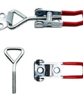 Heavy Duty Pull Latch Clamp With 360 Pounds Capacity Adjustable Hook And Toggle Fastener That Lets You Lock Doors Securely In A Breeze For Trucks, Cabinets Or Heavy Storage Gear close-up of metal clamp with red handle
