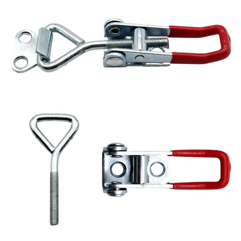 Heavy Duty Pull Latch Clamp With 360 Pounds Capacity Adjustable Hook And Toggle Fastener That Lets You Lock Doors Securely In A Breeze For Trucks, Cabinets Or Heavy Storage Gear close-up of metal clamp with red handle