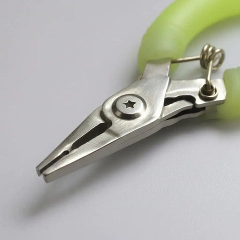 Stainless Steel Pliers Glow In The Dark Multitool with sharp tip and rugged grip for night fishing, shown from side angle.