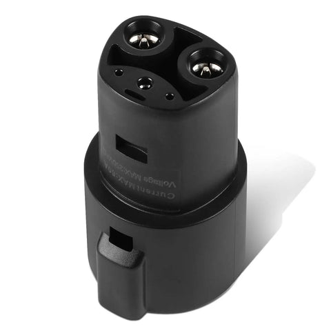 No Stress On The Fly J1772 To Tesla Charging Adapter close-up view showing connectors and design for Model 3 Y S X.