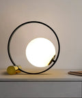 Mid Century Modern Glass Globe Desk Lamp With Gold Ring, Plug In Nightstand Reading Light For Bedroom And Office, Frosted Globe Shade, Cozy Glow Vibe, Trendy Accent Lighting For Library And Study on desk