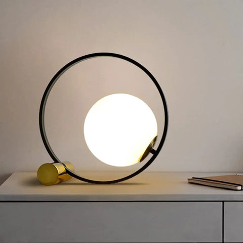 Mid Century Modern Glass Globe Desk Lamp With Gold Ring, Plug In Nightstand Reading Light For Bedroom And Office, Frosted Globe Shade, Cozy Glow Vibe, Trendy Accent Lighting For Library And Study on desk