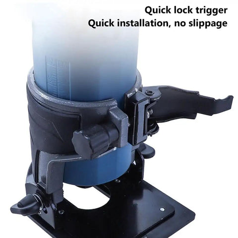 Kickass Adjustable Aluminum Router Base For Woodworking Crews Clean Edge Profiling And Precision Bevel Cuts Heavy Duty Trimming Rig Quick lock trigger detail