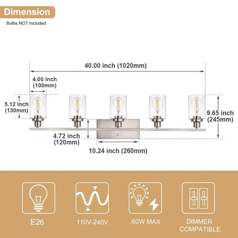 40 Inch Brushed Nickel Vanity Light Over Mirror Five Light Industrial Sconce Wall Lamp With Seeded Glass Shades dimensions