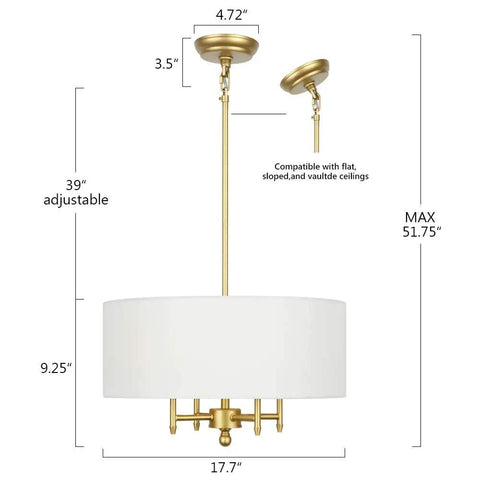 Dimensions of 4 Light Gold Modern Drum Chandelier With White Linen Shade 17.7 Inch Pendant Light Fixture For Dining Room Living Room Foyer Kitchen Antique Brass Finish A True Statement Piece.