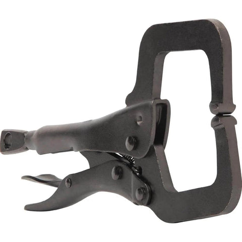 Side view of black 6 Inch C Clamp Locking Pliers With Standard Jaws And Intuitive Thumb Knob for home shop and woodworking projects.