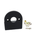 Front view: black aluminum L-shaped motor mounting bracket for 555/550 DC motors; central hole, two side holes, screws included