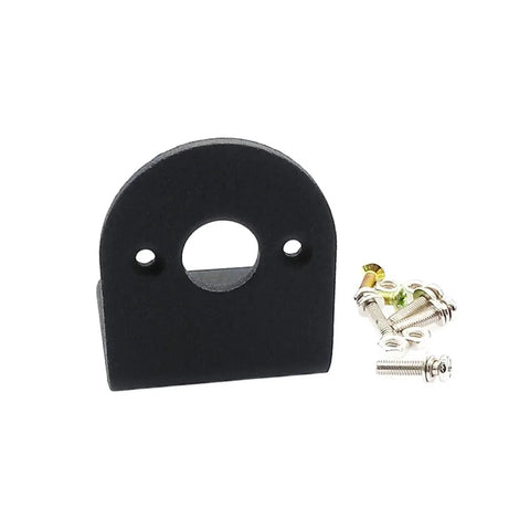 Front view: black aluminum L-shaped motor mounting bracket for 555/550 DC motors; central hole, two side holes, screws included