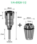 Premium Router Bit Extension Rod For Woodworking featuring High Carbon Steel Construction With 1/4 Inch And 1/2 Inch Shank Collets. Extension tool with collet dimensions.