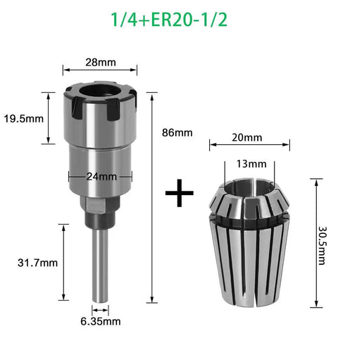 Premium Router Bit Extension Rod For Woodworking featuring High Carbon Steel Construction With 1/4 Inch And 1/2 Inch Shank Collets. Extension tool with collet dimensions.