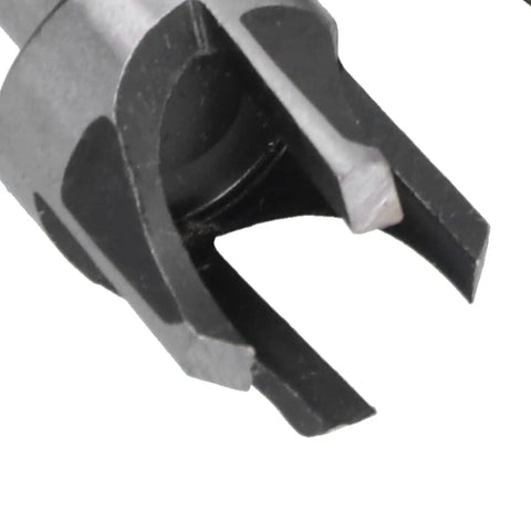 Close-up view of a cork drill bit from the Top Shelf Eight Piece Cork Drill Bits And Wood Plug Cutter Set Sculpted From Heavy Duty High Carbon Steel For Clean Tapered Cuts Runs Super Smooth With Standard Drills And Dremel Kits Built Solid For Daily Shop Hustle.