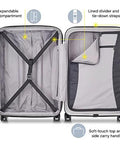 Delsey Paris titanium 25-inch hardside expandable luggage, silver, opened to show interior cross-straps and divider.