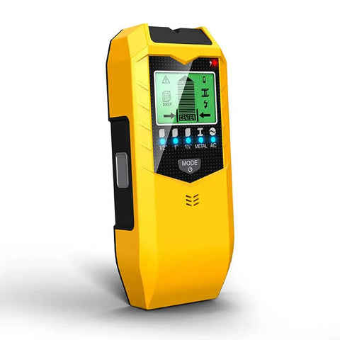 Handheld Stud Finder Sensor LCD Display Portable Wall Scanner Detector with green backlit display and yellow body.
