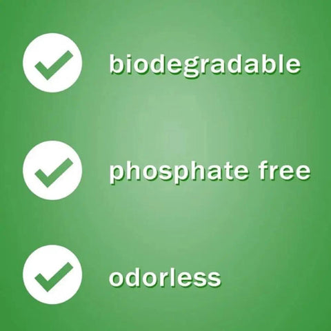 Green background with checkmarks for biodegradable, phosphate free, and odorless features of Descaling Kit for Keurig K Cup Coffee Makers.