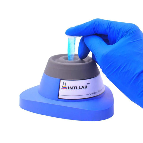 Touch-Activated Lab Vortex Mixer, No-Brainer Compact 50mL Capacity For Test Tubes And Centrifuge Tubes, Quick 5-Second Spin, Durable Brushless DC Motor, Polycarbonate Body With Silicone Clamp, Great For Gel Polish And Eyelash Adhesives. Blue vortex mixer with gloved hand holding a tube