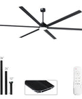 Heavy Duty 100 Inch Outdoor Ceiling Fan With Light Double Layer Six Black Aluminum Blades High Cfm Low Rpm Industrial Patio Beast Solid Kickin Airflow For Backyard Decks with remote control and mounting rods.