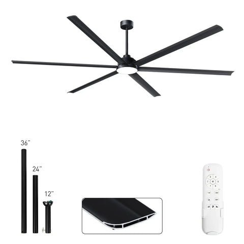 Heavy Duty 100 Inch Outdoor Ceiling Fan With Light Double Layer Six Black Aluminum Blades High Cfm Low Rpm Industrial Patio Beast Solid Kickin Airflow For Backyard Decks with remote control and mounting rods.
