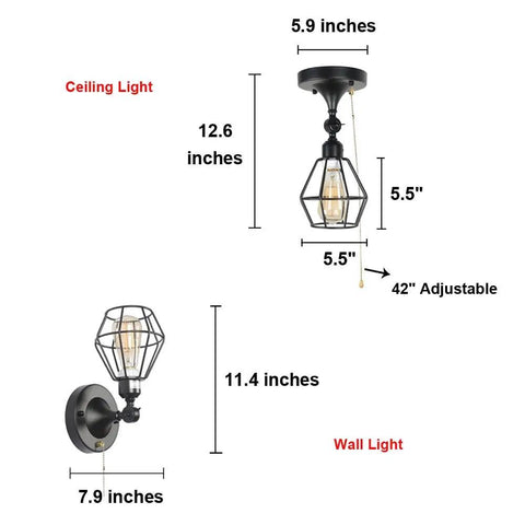 Dope Black Metal Wire Cage Ceiling Light With Pull Chain shown as wall and ceiling mount, 12.6" and 11.4" respectively, dimensions labeled.