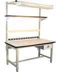 Rock Solid ESD Laminate Workbench Table With T Mold Edge Six Lockable Drawers Beige Shop Ready Standard Industrial Station with overhead shelf.