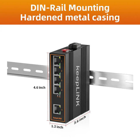 Industrial PoE Switch, 5 Port Unmanaged Ethernet, 125W Total Power, Din Rail Mounted, IP40 Enclosure, front view