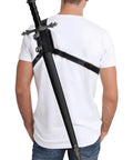 Man wearing Medieval Leather Back Sword Shoulder Frog with Adjustable Sheath Holster over white shirt, showcasing secure gear
