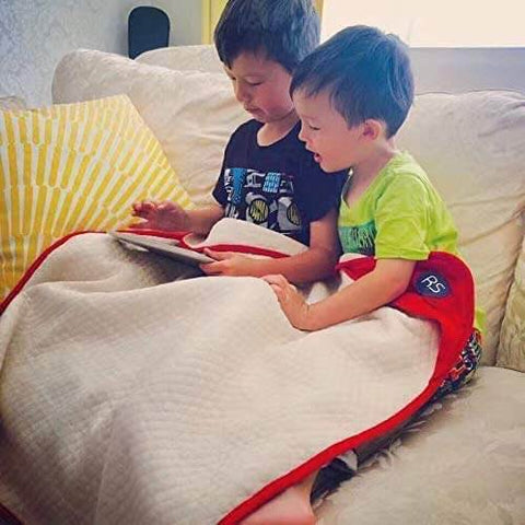 Children using Organic Cotton EMF Protection Baby Blanket With Silver Shielding, 30x35 inches, for safe play on the couch.